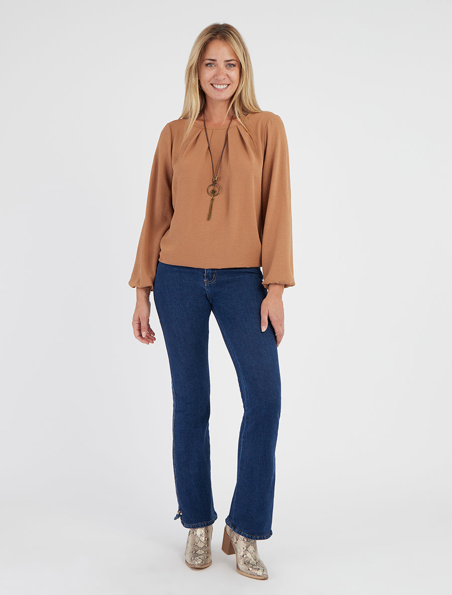 Blouse unie à bords élastiqués - Camel - 8