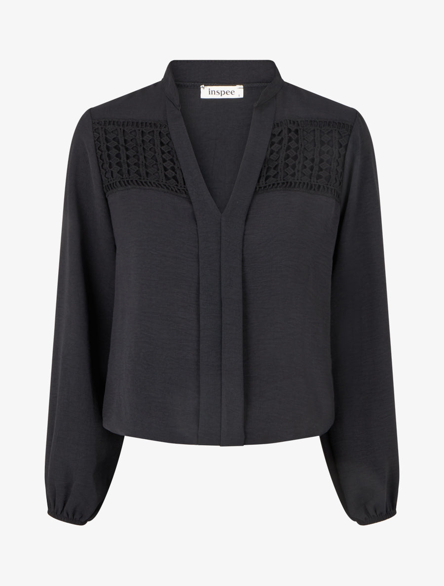 Blouse fluide coupe boule à détail crochet - Noir - 1