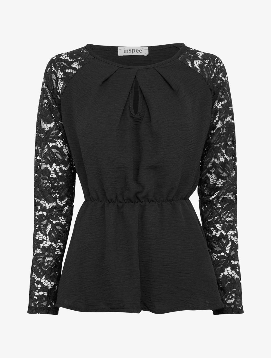 Top péplum à manches dentelle - Noir - 1