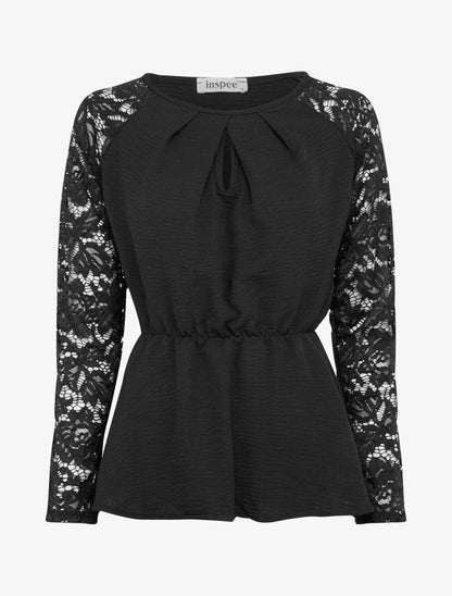 Top péplum à manches dentelle - Noir - 1
