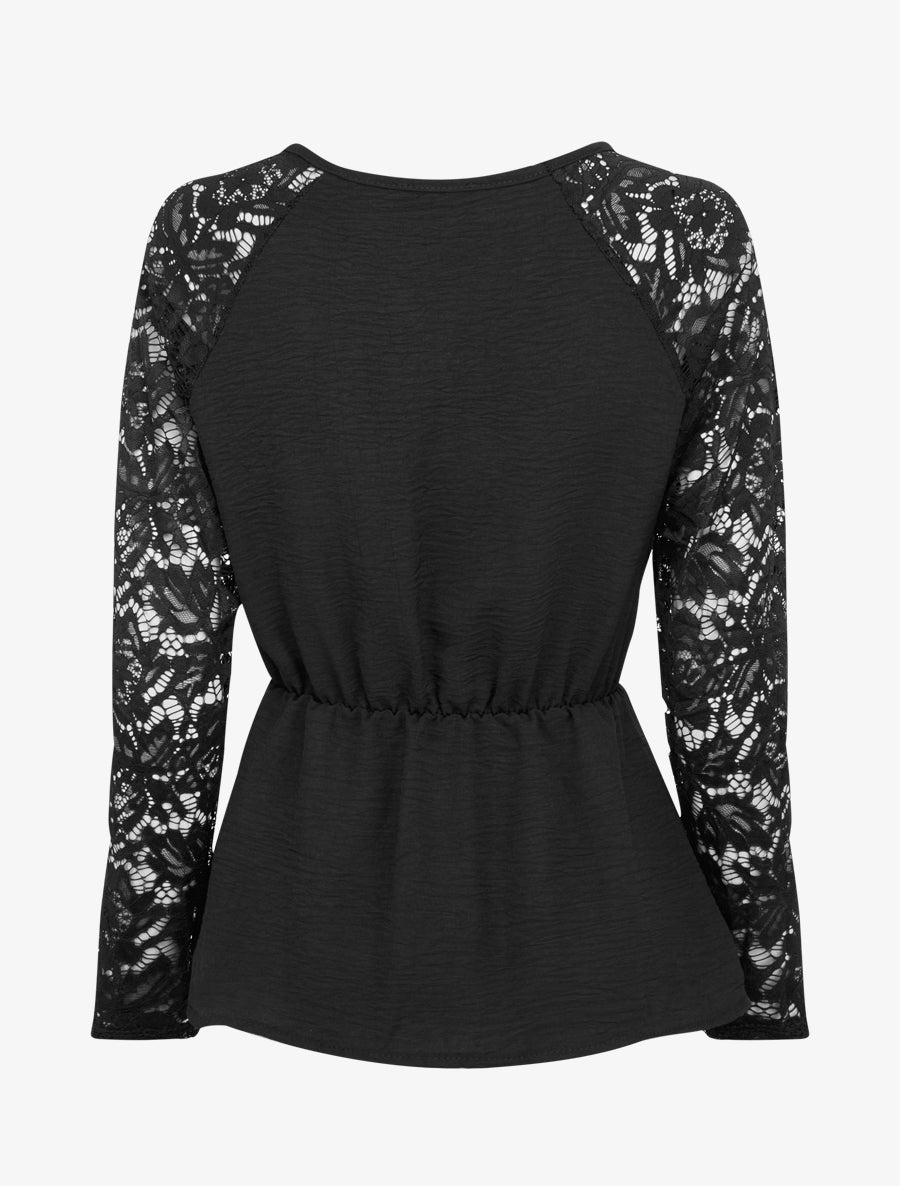 Top péplum à manches dentelle - Noir - 2