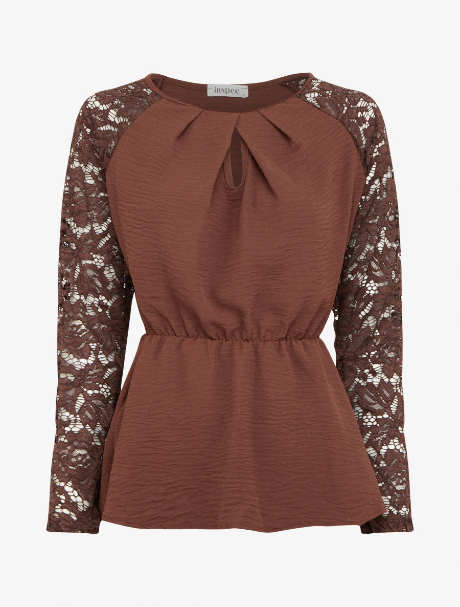 Top péplum à manches dentelle - Marron - 1