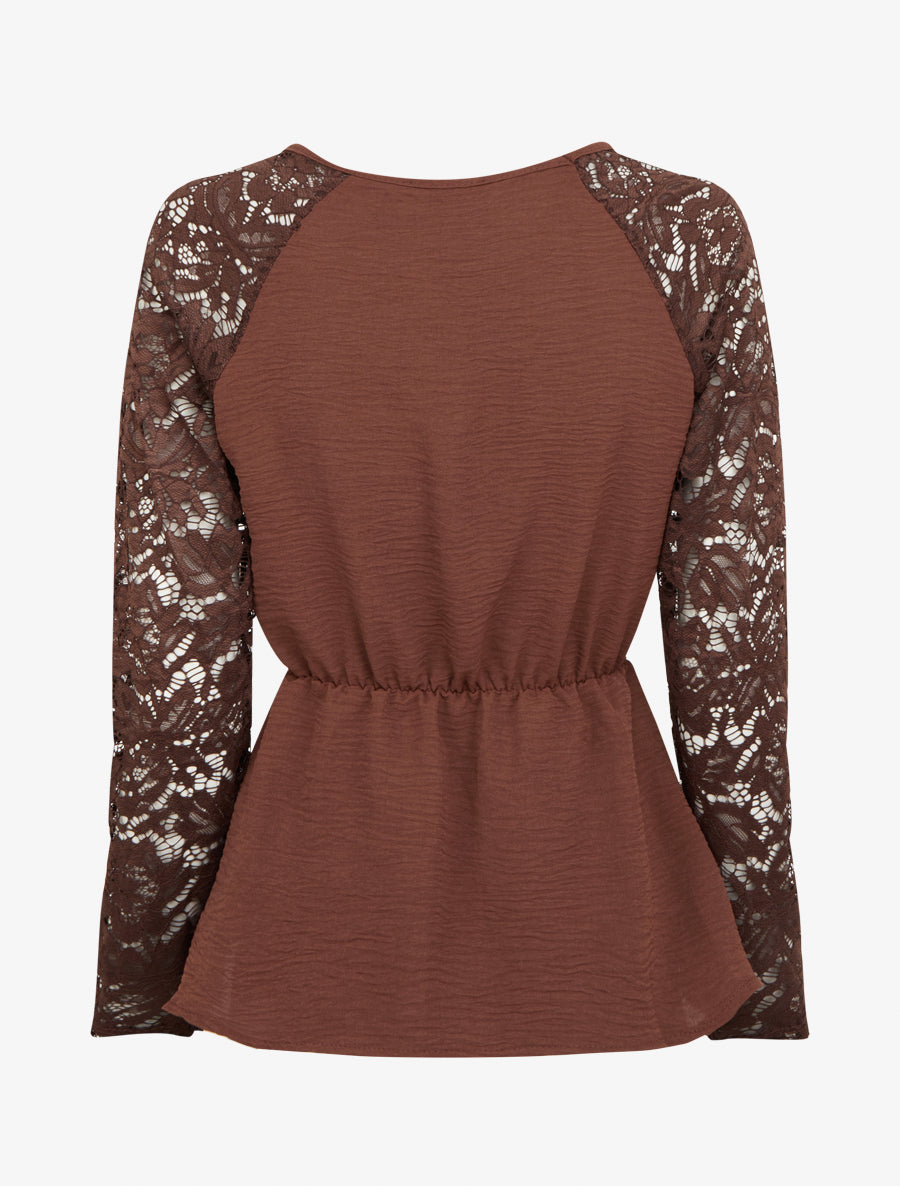 Top péplum à manches dentelle - Marron - 2