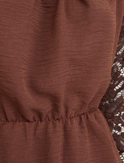 Top péplum à manches dentelle - Marron - 3