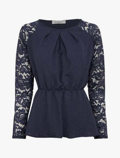 Top péplum à manches dentelle - Marine - 1