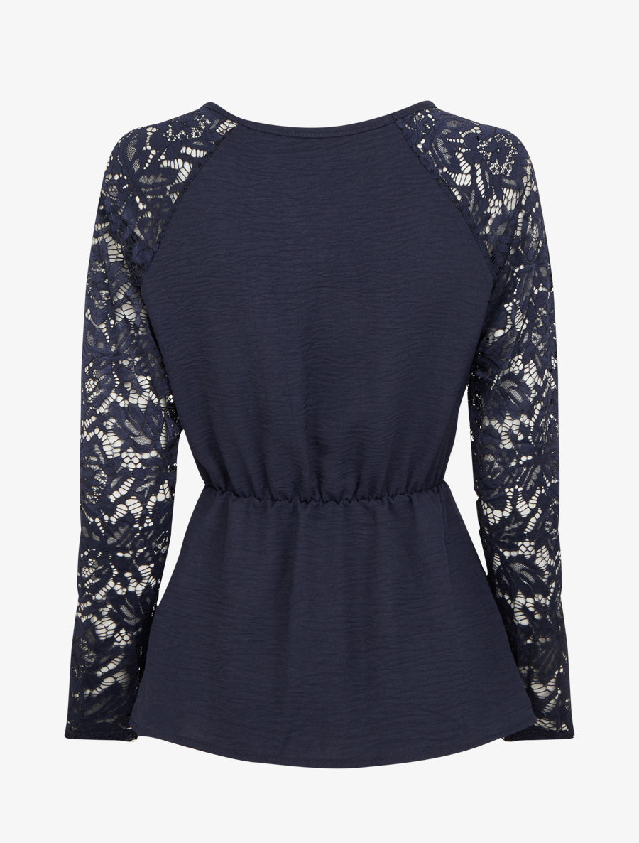 Top péplum à manches dentelle - Marine - 2