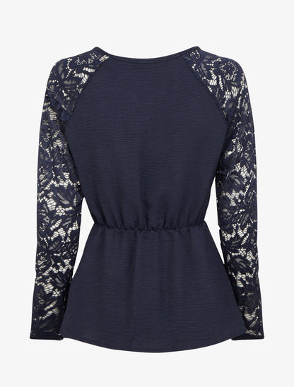 Top péplum à manches dentelle - Marine - 2