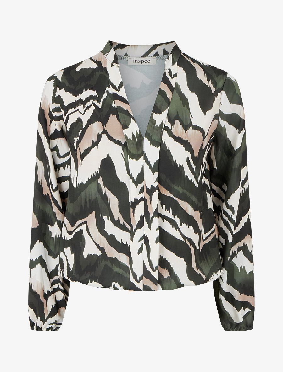 Top droit à col V imprimé abstrait - Kaki - 1