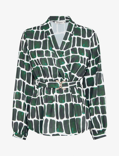 Top ceinturé à imprimé graphique - Vert foncé - 1