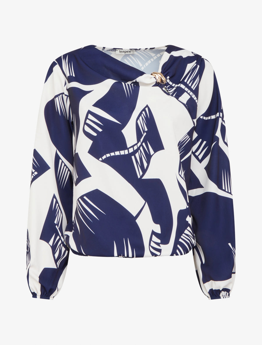 Top boule à motif graphique et col bénitier - Marine - 1