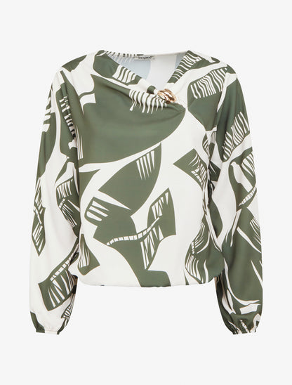 Top boule à motif graphique et col bénitier - Kaki - 1