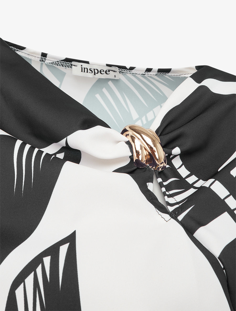 Top boule à motif graphique et col bénitier - Noir - 3