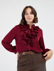 Blouse unie à col jabot - Lie de vin