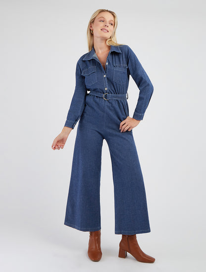 Combinaison en denim à taille élastiquée - Bleu denim