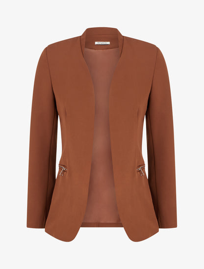 Veste unie à poches décoratives zippées - Camel - 1