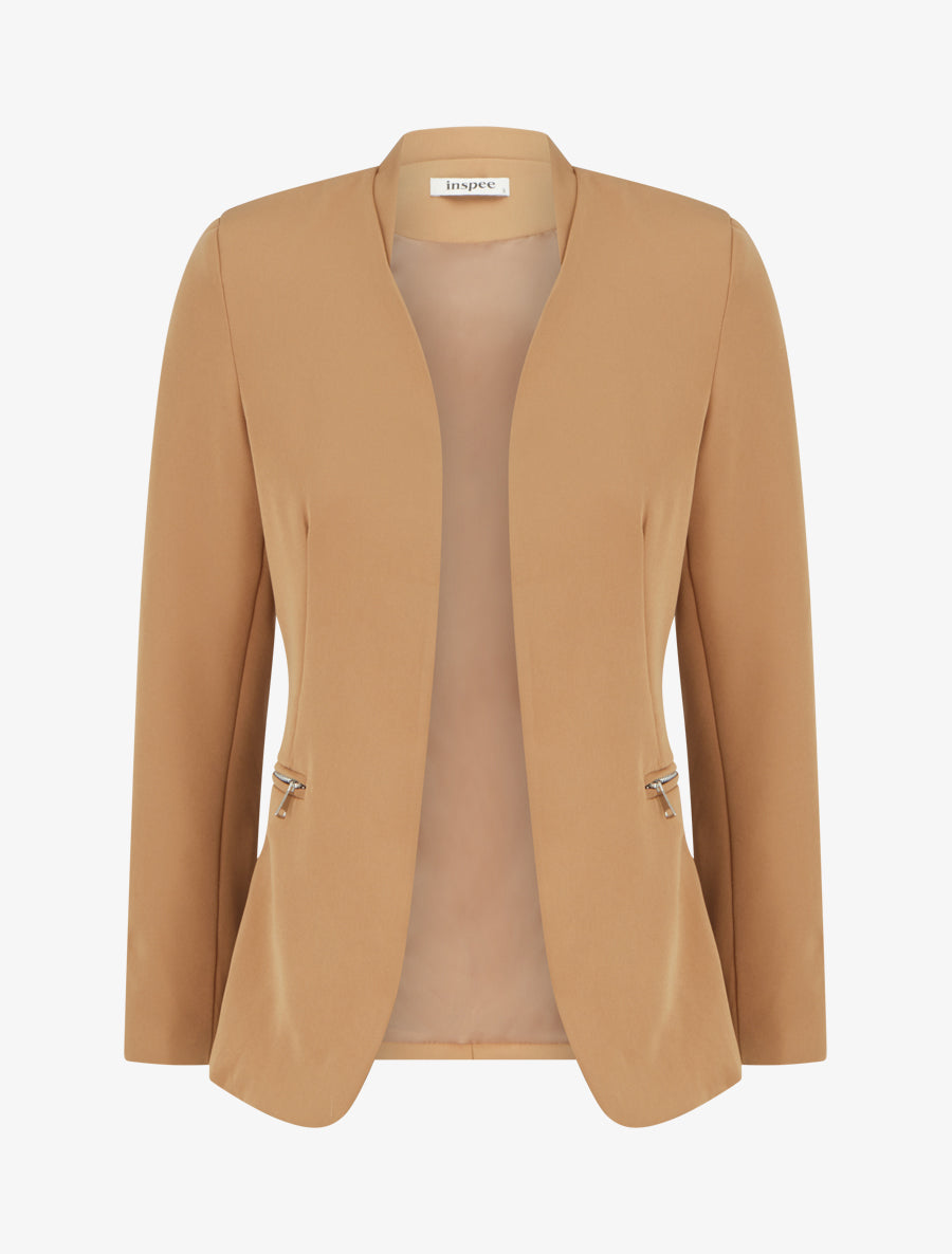 Veste unie à poches décoratives zippées - Beige - 1