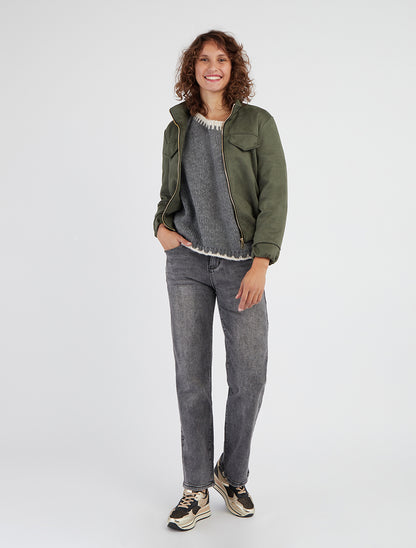 Veste suédine col montant zippée - Kaki