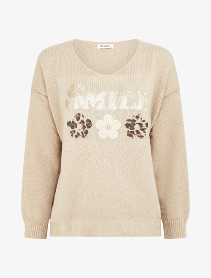 Pull uni en maille à flocage - Beige - 1