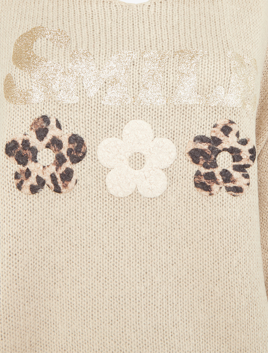 Pull uni en maille à flocage - Beige - 3