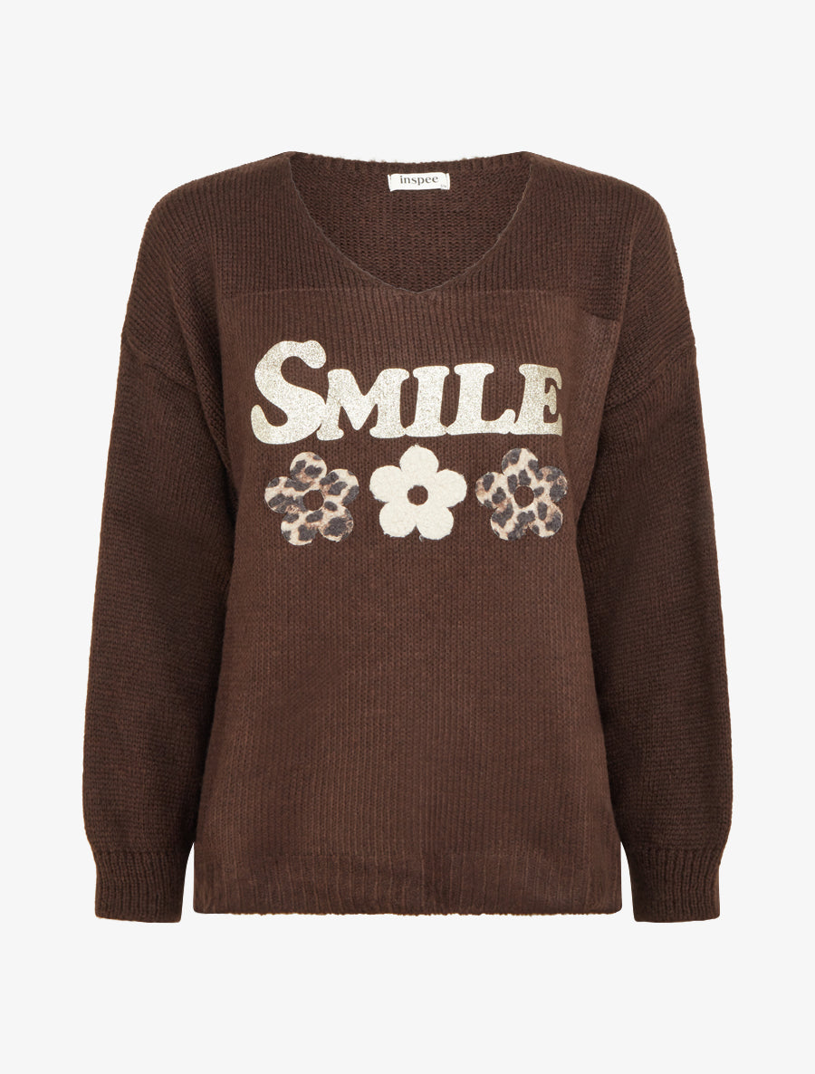 Pull uni en maille à flocage - Marron - 1