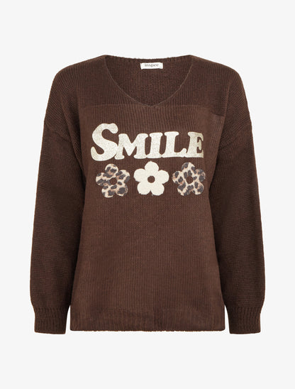 Pull uni en maille à flocage - Marron - 1