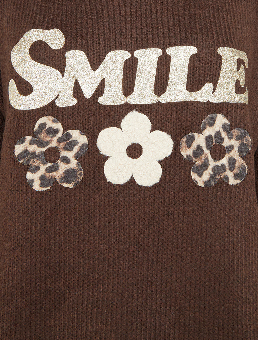 Pull uni en maille à flocage - Marron - 3