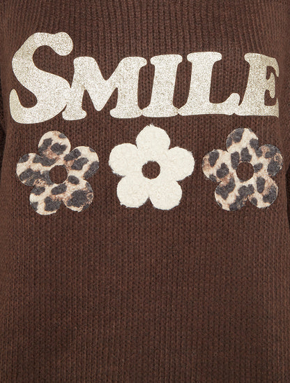 Pull uni en maille à flocage - Marron - 3