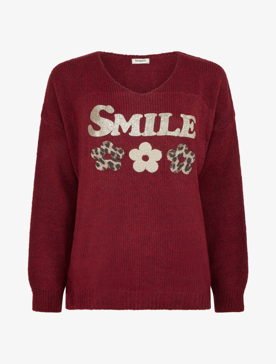 Pull en maille col V à flocage - Bordeaux