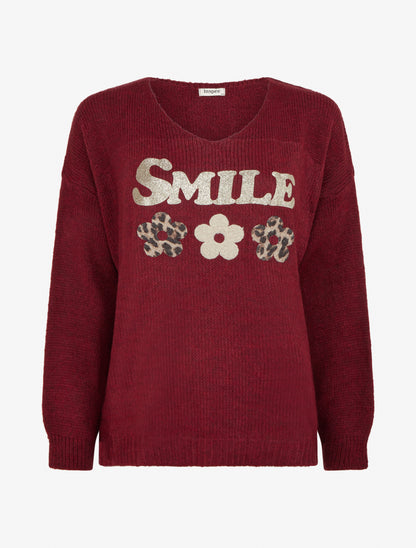 Pull en maille col V à flocage - Bordeaux