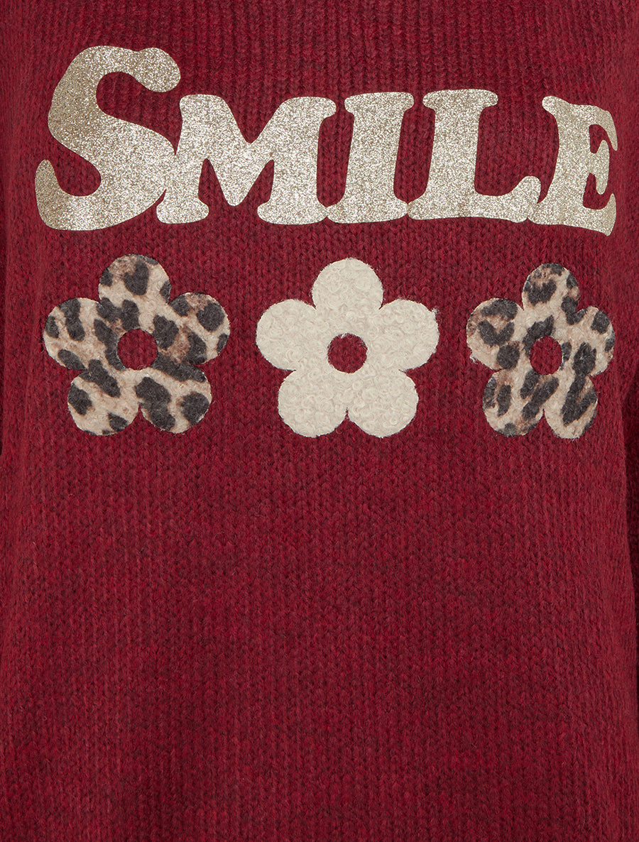 Pull en maille col V à flocage - Bordeaux