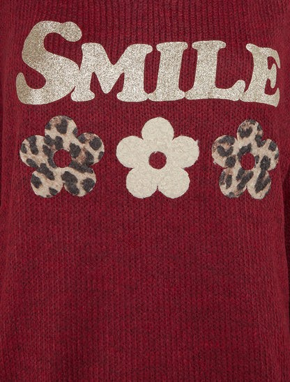 Pull en maille col V à flocage - Bordeaux