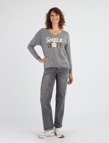 Pull en maille encolure V flocage pétales - Gris