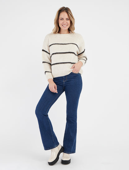 Pull en maille rayé à bords côtelés - Crème/noir