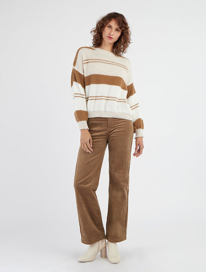 Pull rayé encolure ronde manches longues - Beige/camel