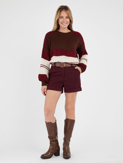 Pull en maille à bandes contrastantes - Bordeaux/marron