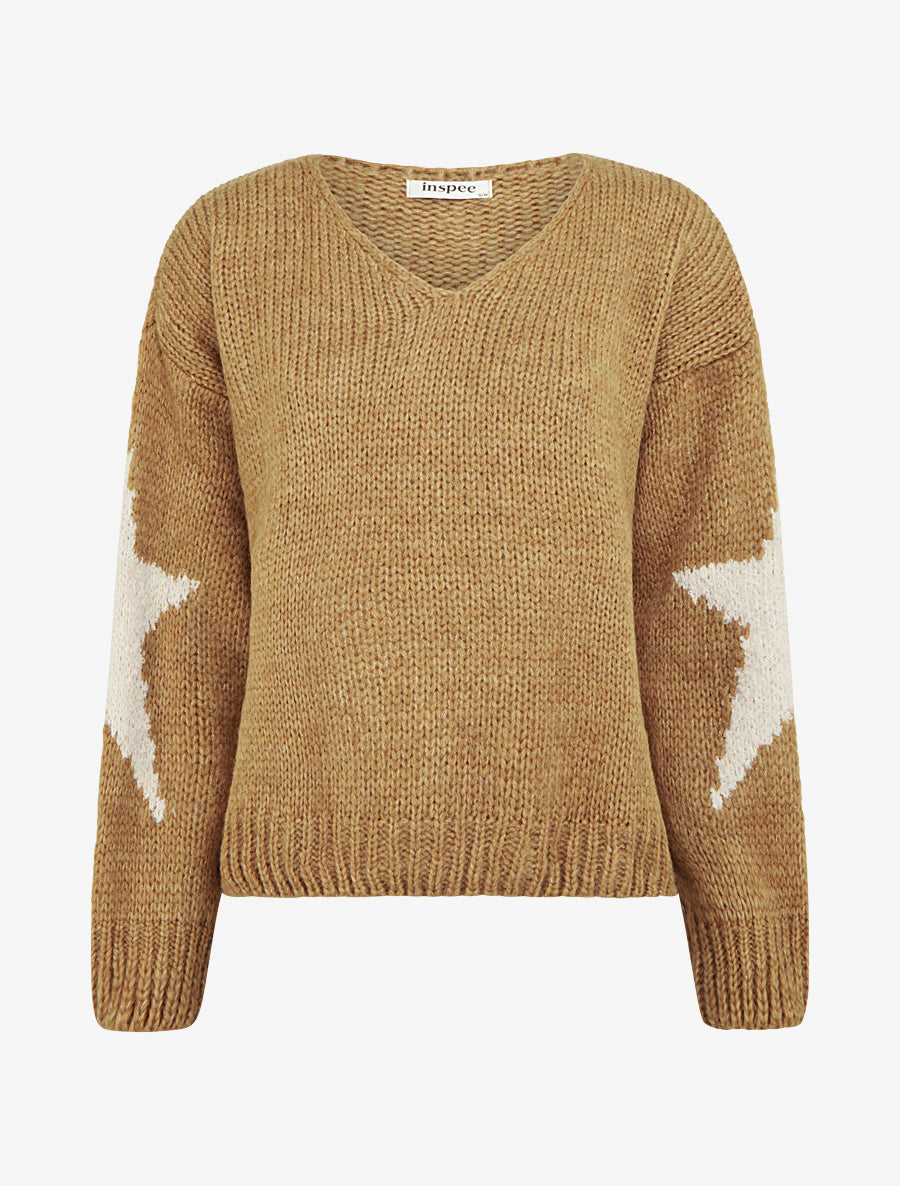 Pull en maille uni à motifs étoiles - Camel - 1