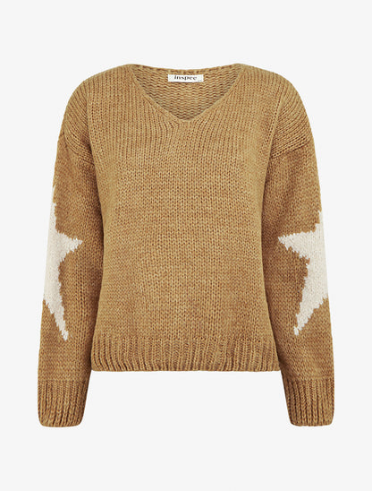 Pull en maille uni à motifs étoiles - Camel - 1