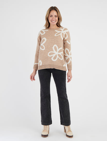 Pull droit à imprimé floral - Beige