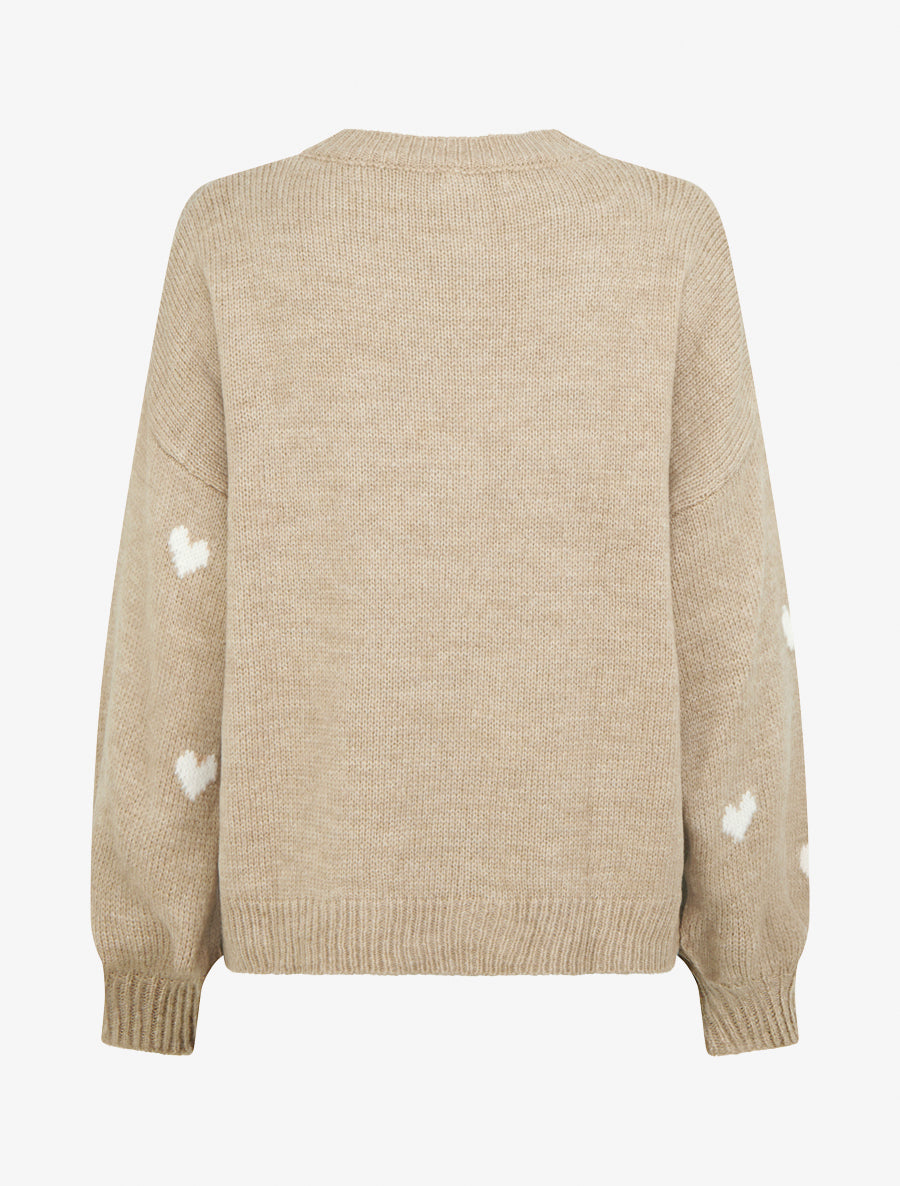 Pull maille motifs coeurs encolure ronde - Beige