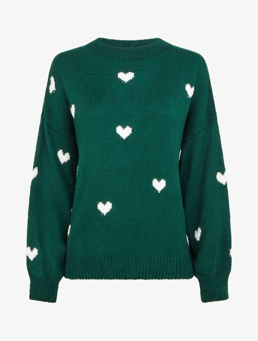 Pull en maille à motifs coeurs - Vert sapin - 1
