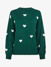 Pull en maille à motifs coeurs - Vert sapin - 1