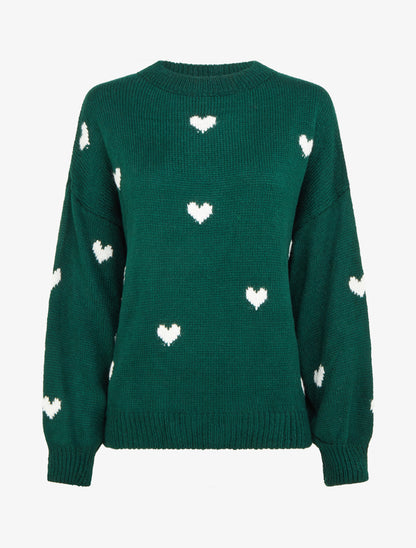 Pull en maille à motifs coeurs - Vert sapin - 1