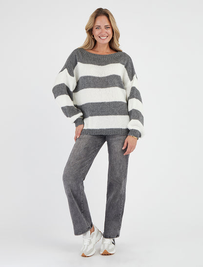 Pull maille rayures bicolores encolure ronde - Gris