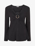 Pull fin côtelé à col dentelle et bijou - Noir - 1