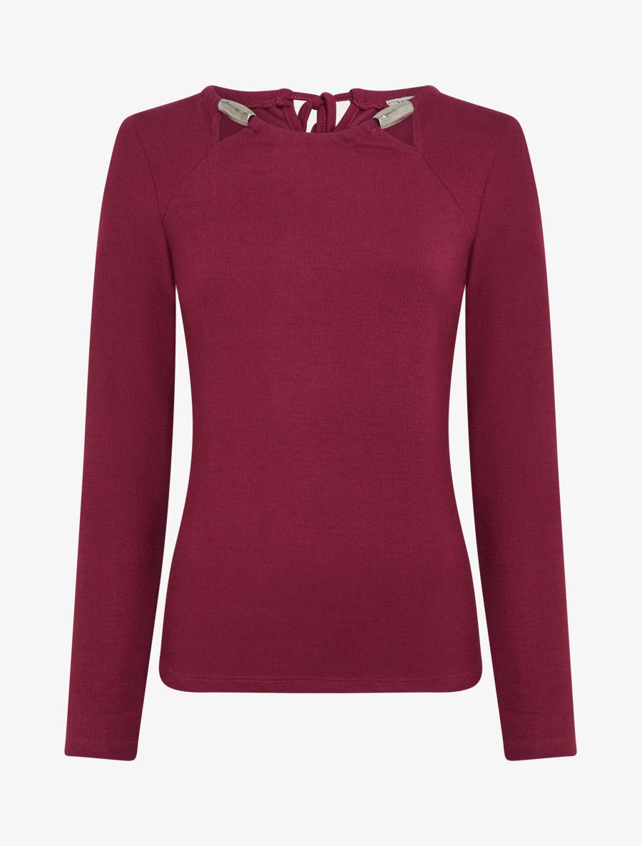 Pull fin uni à empiècement bijoux - Lie de vin - 1