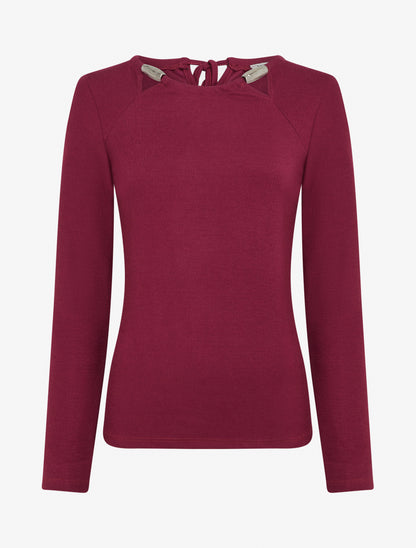 Pull fin uni à empiècement bijoux - Lie de vin - 1