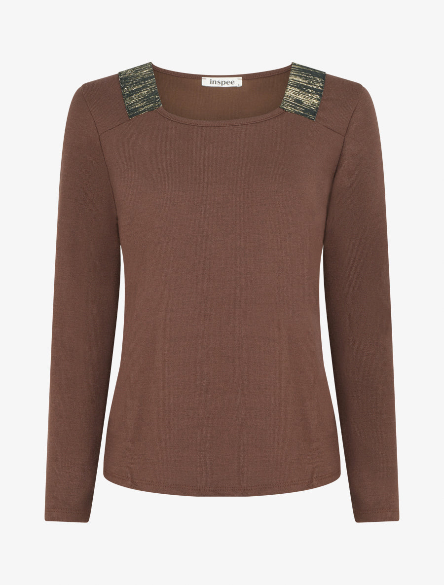 Pull en maille fine à bandes élastiquées - Marron - 1