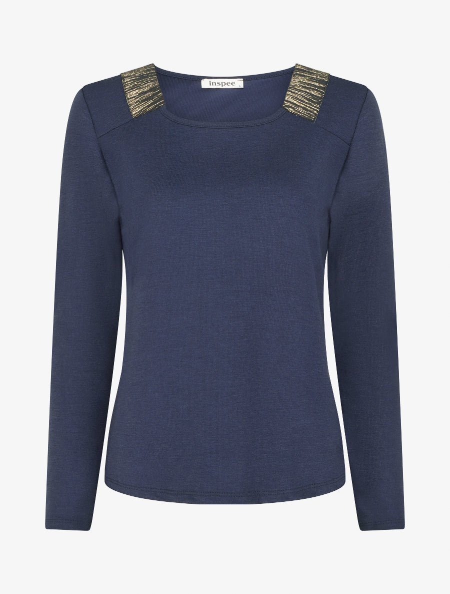 Pull en maille fine à bandes élastiquées - Marine - 1