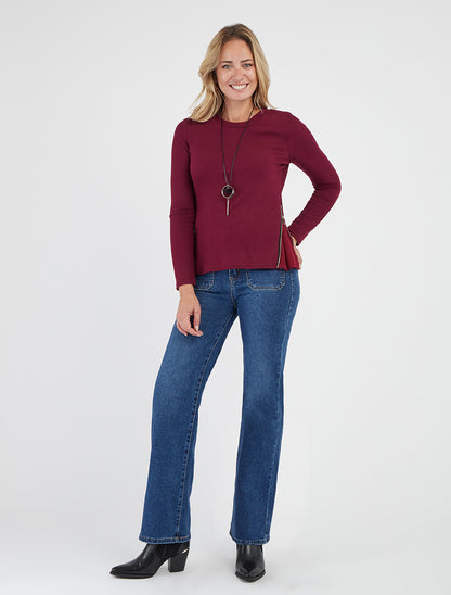 Pull fin encolure ronde zips latéraux - Lie de vin