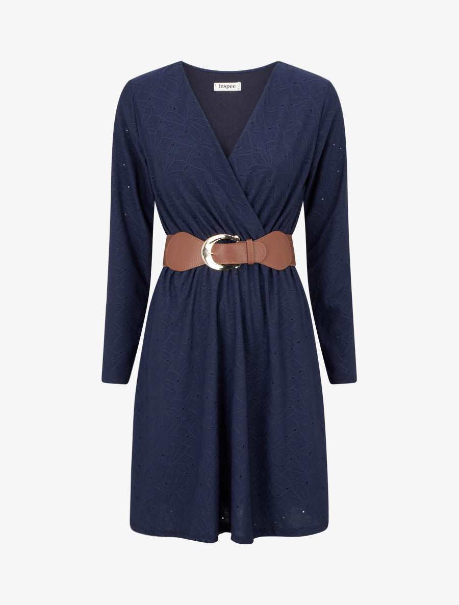 Robe evasée effet fleurs brodées - Marine - 1